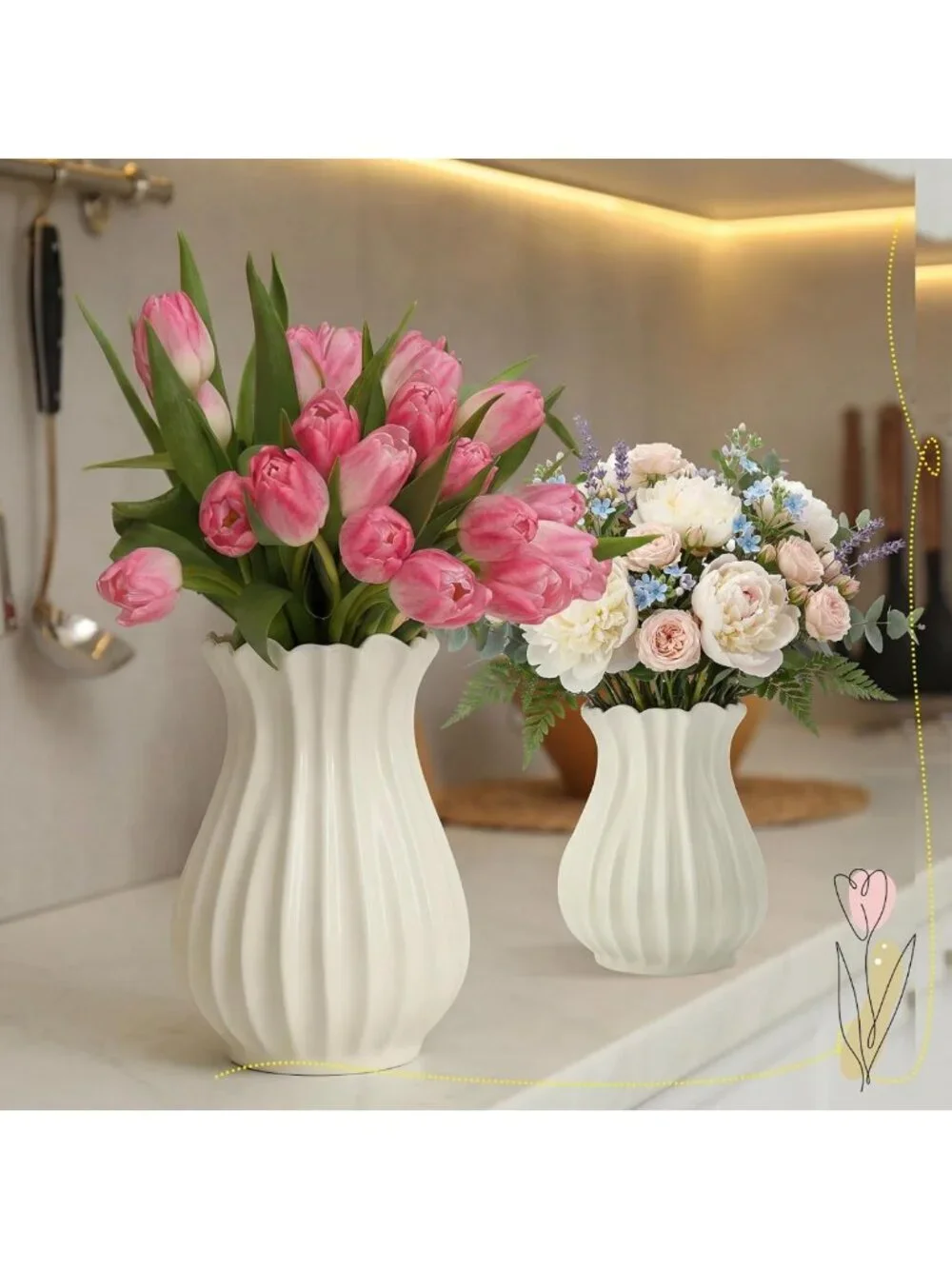 2 Pack Vintage White Pleated Ceramic Vases for Stylish Home Decor & Centerpieces